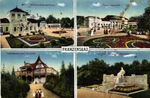 Frantiskovy Lazne, Franzensbad;  Radium Emanatorium, Franzensquelle, Cafe Restaurant Amerika, Kaiserin Elisabeth Denkmal / source, Cafe Restaurant, monument