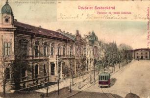 Szabadka, Parksor és vasúti indóház; kiadja Víg Zsigmond / park alley, railway station, tram