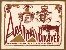 Jelzés nélkül: Aranyhegyi Bikavér Pintér Gergely kulcsi pincéjéből, borcímke-terv, vegyes technika, papír, 11,5×15 cm