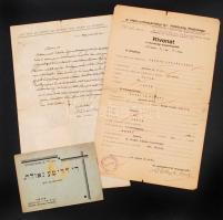 1933, 1939 Kivonat a hódmezővásárhelyi izraelita hitközség rabbiságának anyakönyvéből, igazolással, 3 db irat