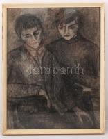 Olvashatatlan jelzéssel: Gyerekek, szén, papír, üvegezett fa keretben, 55,5×42,5 cm