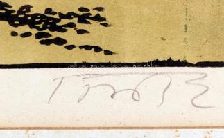 Török Endre (1926-1980): Nyárfák. Színezett linó, jelzett, üvegezett keretben, 30×40 cm