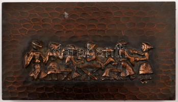 Dekoratív Iparművészeti Vállalatos fém doboz, díszes fedéllel, fa betéttel, 18,5×10×3 cm