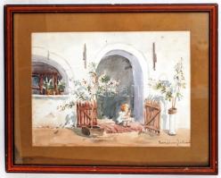 Komáromy Zoltánné: Kislány a babájával. Akvarell, papír, jelzett, üvegezett keretben, 25×35 cm