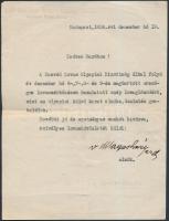 1934 Vitéz Magasházy László (1879-1959) tábornok, Horthy Miklós szárnysegédje, országgyűlési képviselő gratuláló levele szép  lovaglásért, a Lovas Olympiai Bizottság pecséttel, és Magasházy saját kezű aláírásával