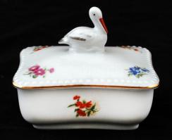 Lippelsdorfi ékszeres dobozka, gólya figurával, matricás, jelzett, hibátlan, 7×8 cm