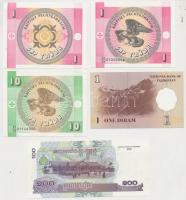Kambodzsa 2001. 100R Kirgizisztán 1993. 1T (2x) + 10T + Tádzsikisztán 1999. 1D T:I,I- Cambodia 2001. 100 Riels + Kyrgyzstan 1993. 1 Tyiyn (2x) + 10 Tyiyn + Tajikistan 1999. 1 Diram C:UNC,AU