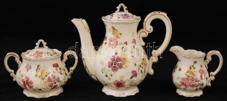 Zsolnay pillangó mintás mokkás készlet, kézzel festett, máz alatti repedésekkel a kiöntőn és a cukor...