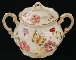 Zsolnay pillangó mintás mokkás készlet, kézzel festett, máz alatti repedésekkel a kiöntőn és a cukor...