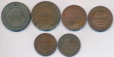 Orosz Birodalom 1912. 2k Cu + 1914. 2k Cu + 3k Cu + 1915. 1k Cu + 1916. 1k Cu + 3k Cu T:2-,3 Russian Empire 1912. 2 Kopeks Cu + 1914. 2 Kopeks Cu + 3 Kopeks Cu + 1915. 1 Kopek Cu + 1916. 1 Kopek Cu + 3 Kopek Cu C:VF,F