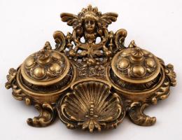 Puttó fejes antik asztali tintatartó, préselt, bronz, 16×20 cm
