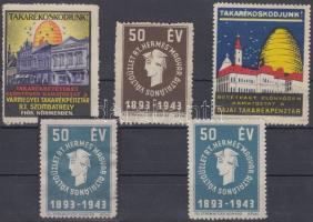 1906-1943 Takarékoskodjunk! 2 db takarékpénztári reklámbélyeg, 3 db "Hermes" Váltóüzlet Rt. levélzáró