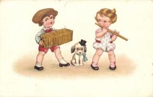 Gyermek muzsikus banda, litho, Child band, dog, humour, litho