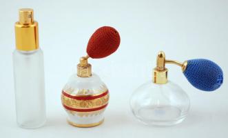 3 db pumpás kölniszóró üveg, m: 7 és 12 cm (2 üveg, 1 porcelán)