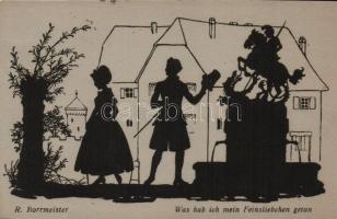 Pár, sziluett, német művészlap, H.W.B. s: R. Borrmeister, 'Was hab ich mein Feinsliebchen getan' / Silhouette art postcard, H.W.B. s: R. Borrmeister