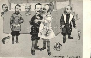 Keringőre felhívás; II. Vilmos, Loubet, III: Viktor Emánuel, II. Miklós; politikai szatíra., L'Invitation a la valse; Wilhelm II, Loubet, Viktor Emanuel III, Nikolaus II; political satire