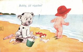 'Bobby, jól vigyázz!', kislány és Bonzo kutya a strandon s: John Wills, Bonzo Dog, little girl on the beach s: John Wills
