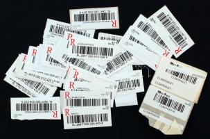 Nógrád megye 44 postahivatalának 52 klf vonalkódos ajánlási ragjegyei + 5 db Mini Pakk öntapadós ragjegy