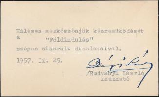 1957 Radványi László igazgató aláírása a Bozó Gyulának küldött köszönőkártyán