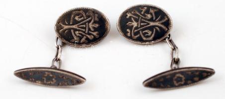 Antik ezüst (Ag.) mandzsettagomb-pár, niello díszítéssel, jelzés nélkül, br. 14 g