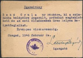 1946 Szeged, Bozó Gyula számára a szegedi színházigazgató által kiállított színházi belépésre jogosító igazolvány