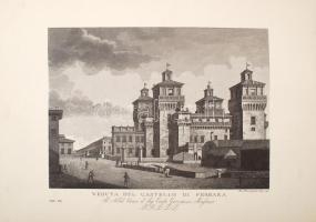 8 darab, Ferrara városát ábrázoló régi metszetről készült modern másolat, különböző méretben