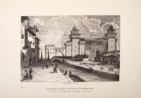 8 darab, Ferrara városát ábrázoló régi metszetről készült modern másolat, különböző méretben