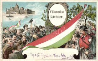 1905 Választási üdvözlet az I/26-iki Tisza-féle választásról; kiadja Klökner Péter udvari könyvkereskedő Székesfehérvárott / Hungarian elections, litho
