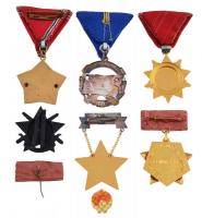 6db szocialista jelvény, egyik miniatűrrel, közte "Kiváló Munkáért", "A Haza Szolgála...