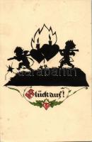 Sziluettes üdvözlő képeslap gyerekekkel. Plischke -Karte Nr. 6., Glück auf! / children silhouette greeting card, Plischke -Karte Nr. 6.