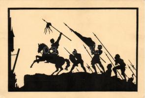 St. Franziskus-Ritterliche Jugend / Silhouette art postcard s: P. Gregor Hexges, Sziluett művészi képeslap s: P. Gregor Hexges