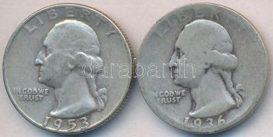 Amerikai Egyesült Államok 1936-1953D 1/4$ Ag "Washington Quarter" (2x) T:3
USA 1936-1953D ...