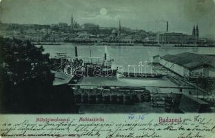 Budapest I. Mátyás templom, rakpart, gőzhajó, éjjel