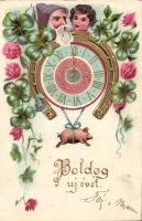 New Year, dwarf, horseshoe, pig, golden decoration, floral Emb. litho