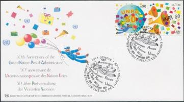 50th anniversary of United Nations Postal Administration set on FDC, 50 éves az ENSZ postaigazgatása sor FDC-n
