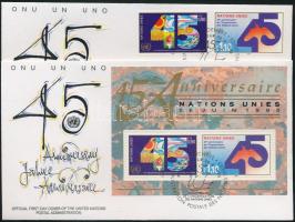 45 éves az ENSZ sor FDC-n + blokk FDC-n, 45th anniversary of UNO set + block on FDC