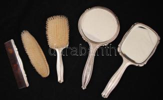 Ezüst (Ag.) hajkefe, ruhakefe, fésű, kézitükör, jelzettek, jó állapotban, h:14-27 cm, bruttó:994 g
