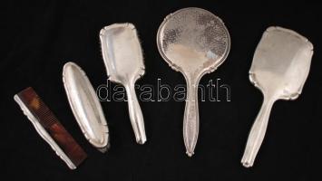 Ezüst (Ag.) hajkefe, ruhakefe, fésű, kézitükör, jelzettek, jó állapotban, h:14-27 cm, bruttó:994 g