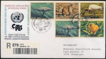 Endangered animals block of 5 on FDC, Veszélyeztetett állatok ötöstömb FDC-n