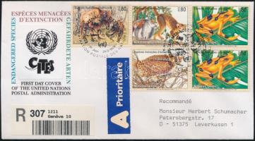 Endangered animals block of 5 on FDC, Veszélyeztetett állatok ötöstömb FDC-n