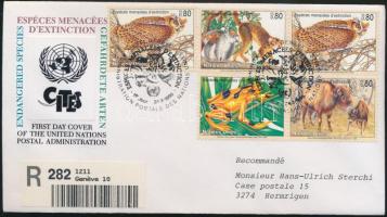Endangered animals block of 5 on FDC, Veszélyeztetett állatok ötöstömb FDC-n