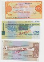 Nagy-Britannia DN "Ausztrál Nemzetközösségi Kereskedelmi Bank" 20Ł "SPECIMEN" utazási csekk + Nagy-Britannia DN "National Westminster Bank Limited" 20Ł "SPECIMEN" utazási csekk + Amerikai Egyesült Államok DN "Standard Chartered Bank" 20Ł "SPECIMEN" utazási csekk T:I-II Great Britain ND "Commonwealth Trading Bank of Australia" 20 Pounds "SPECIMEN" travellers' cheque + Great Britain ND "National Westminster Bank Limited" 20 Pounds "SPECIMEN" 10 Pounds "SPECIMEN" travel cheque + USA "Standard Chartered Bank" 20 Pounds "SPECIMEN" travellers cheque C:UNC-XF