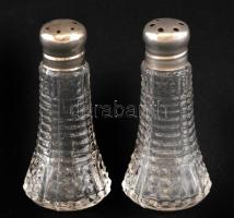 Sterling jelzett ezüstkupakos üveg fűszerszórók, hibátlanok, 2 db, m: 6 cm