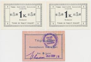 Budapest ~1920. 1K "Vasas tisztviselők beszerzési csoportja" szükségpénz, hátlapon körbélyegzővel (2x) + Eger 1949. "Az Angolkisasszonyok Egri Intézetében Létező Római Katolikus Érseki Leányiskolák Igazgatósága - Szeretetházunk felépítéséért" 5Ft értékű téglajegy, bélyegzéssel T:I,I-