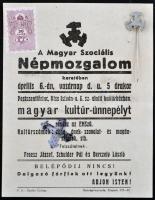 1934. "Magyar Szociális Népmozgalom" fém jelvény javított tűvel + a Népmozgalom "magyar kultúr-ünnepély" rendezvényének reklámanyaga bélyeggel, felülbélyegzéssel T:2-