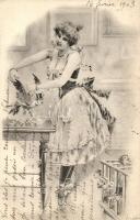 Woman, defeathering, birds with men heads, bizarre humour (fa)