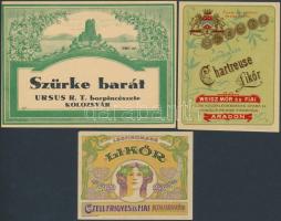 3 db erdélyi italcímke (Szürke barát Ursus Rt. Kolozsvár, Czell és Fiai Likőr, Chartreuse Likőr Arad)