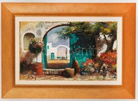 Adilov J Alin (1963-): Mediterrán kilátás. Olaj, farost, jelzett, keretben, 30×50 cm