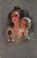 Lady and girl, No. 20887. artist signed, Hölgy kislánnyal. No. 20887. művész aláírásával