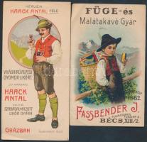 2 db számolócédula: Haack Antal cs. kir. szabadalmazott likőrgyára, Graz; Fassbender J. füge- és malátakávégyár, Bécs, mindkettő jó állapotban